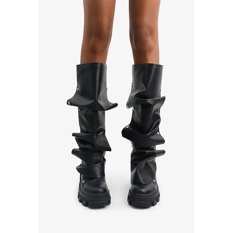 Fashion Thick Heel Thick Sole Metal Rivets Can Be Disassembled Wrinkled Knee High Boots European American Fashion Pile Up Women Boots 43