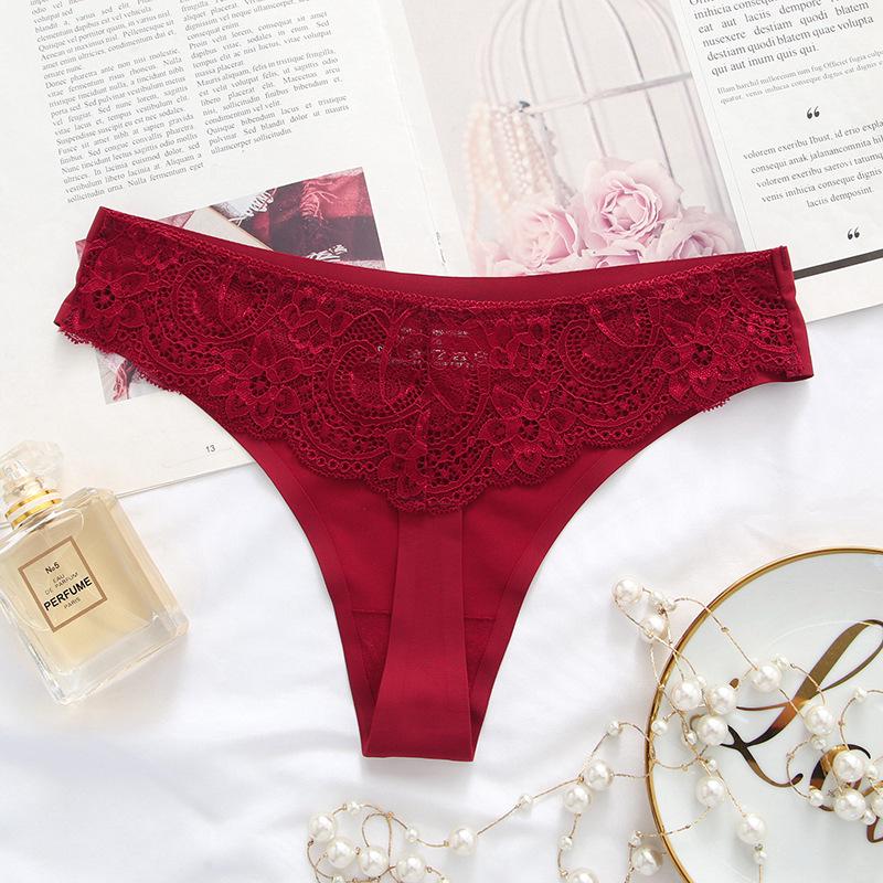 

Бесшовные стринги из ледяного шелка с кружевом, с низкой посадкой One Size вино красного