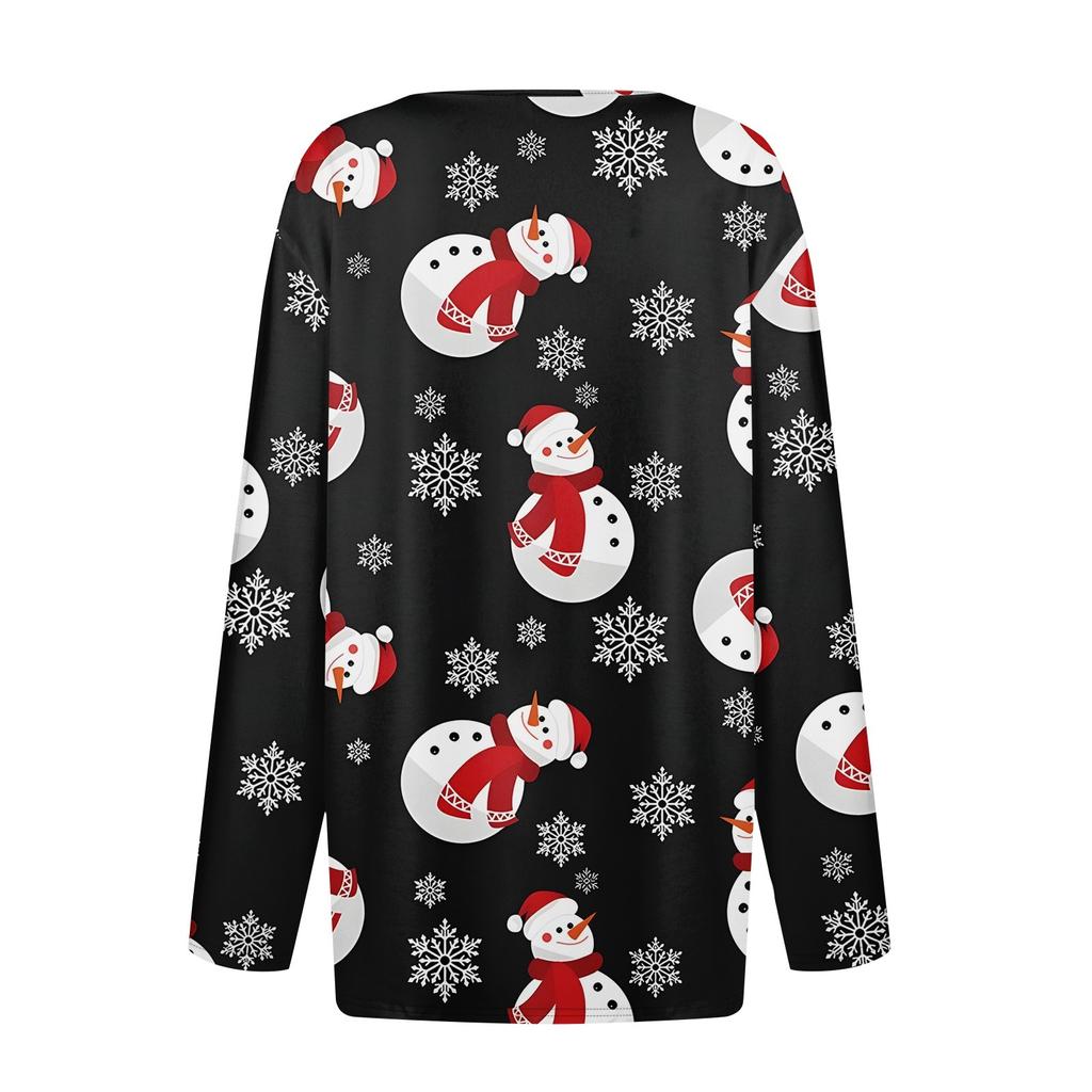 Damen T-Shirt mit Weihnachtsdruck, Knopfleiste, lange Ärmel, für den Alltag, Wochenende, modisch, Basic, V-Ausschnitt, normales Oberteil