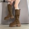Winter Vintage Platform Thick Sole Woman Knight High Boots Fashion Belt Buckle Shoes Ladies Concise Slip On Modern Long Botas