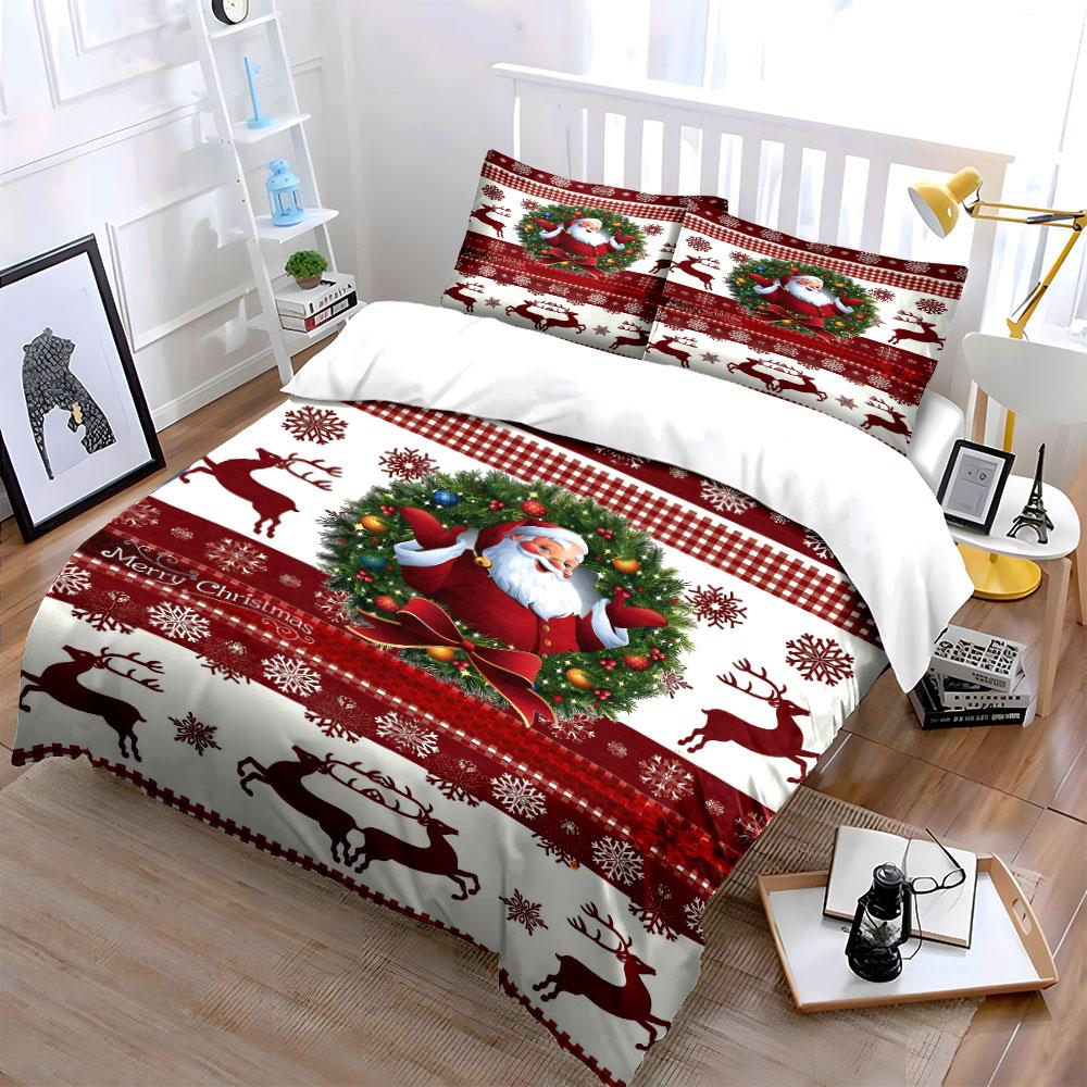 Santa Reindeer Christmas Set Bedding Duvet Cover Set Duvet Cover Pillowcases  (1*Duvet Cover 2*Pillowcases, Without Duvet Insert)