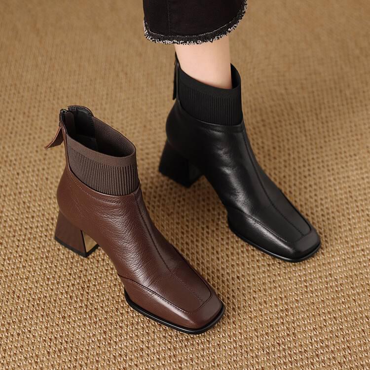 Women's Versatile Fashion Chunky Heel Ankle Boots - Square Toe, Fly-Knit Leather, Plus Velvet, for Autumn/Winter 2025