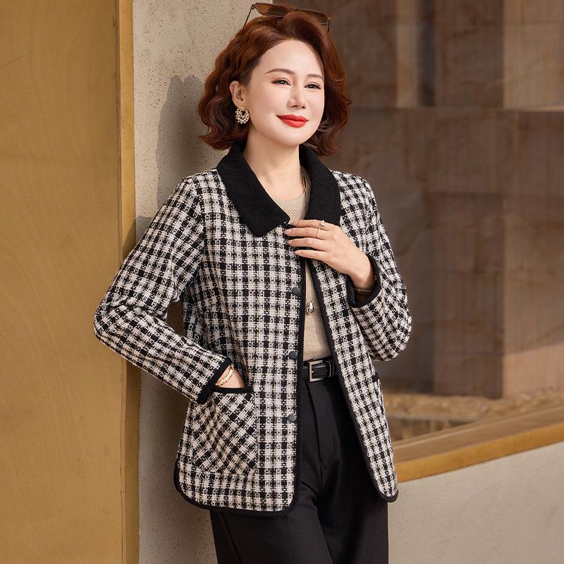 

Mom s Spring Plaid Jacket, Long-Sleeved with Small Lapel - Elegant Top for Middle-Aged and Elderly Women. 4XL (suggested for 140-150 lbs)