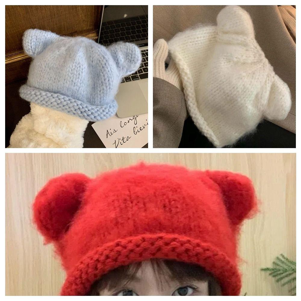 Fluffy Bear Ear Woolen Hat Soft Brimless Beanie Cap Fashion Knitted Pullover Hat  Winter