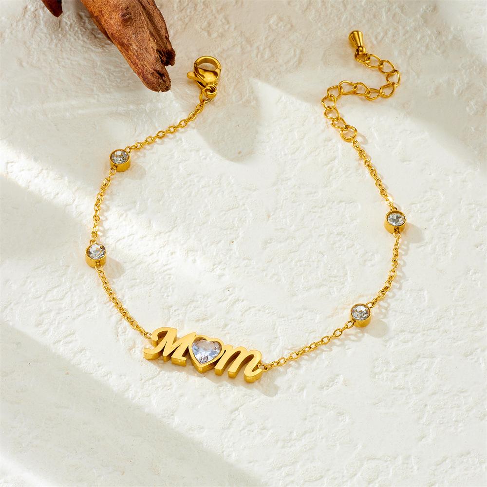 Fashion Simple Gold Diamond Heart MOM Charm Chain Ladies Daily Bracelet