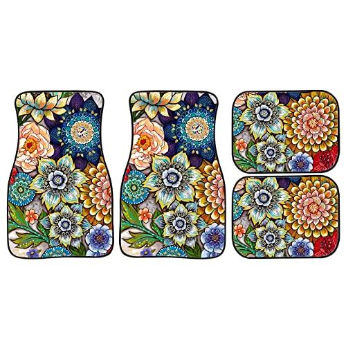 Universal Fit Auto Carpet Floor Mats Set of 4 for Women Girls Decorative Boho Floral Print Car Floor Mats Front & Rear Liners Set