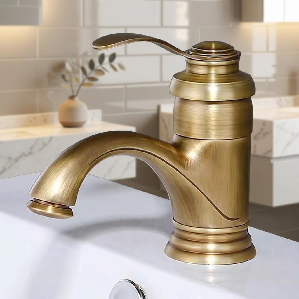 European Traditional Style Basin Faucet Deck Mounted Brushed Brass Single Handle Metered Ceramic Valve Antique Copper Finish