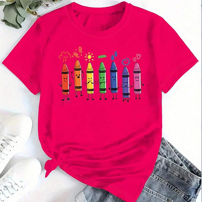 

Модная женская футболка с милым мультяшным карандашом и принтом, забавная повседневная футболка с круглым вырезом и короткими рукавами, летняя женская футболка 8XL ярко-розовый