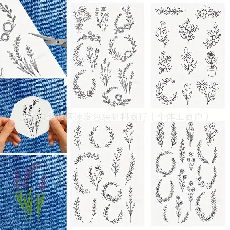 Stickstich Stickvlies Transferpapier mit vorgedrucktem Muster Wasserlöslich Auswaschbar Handnähnadel Faden Set