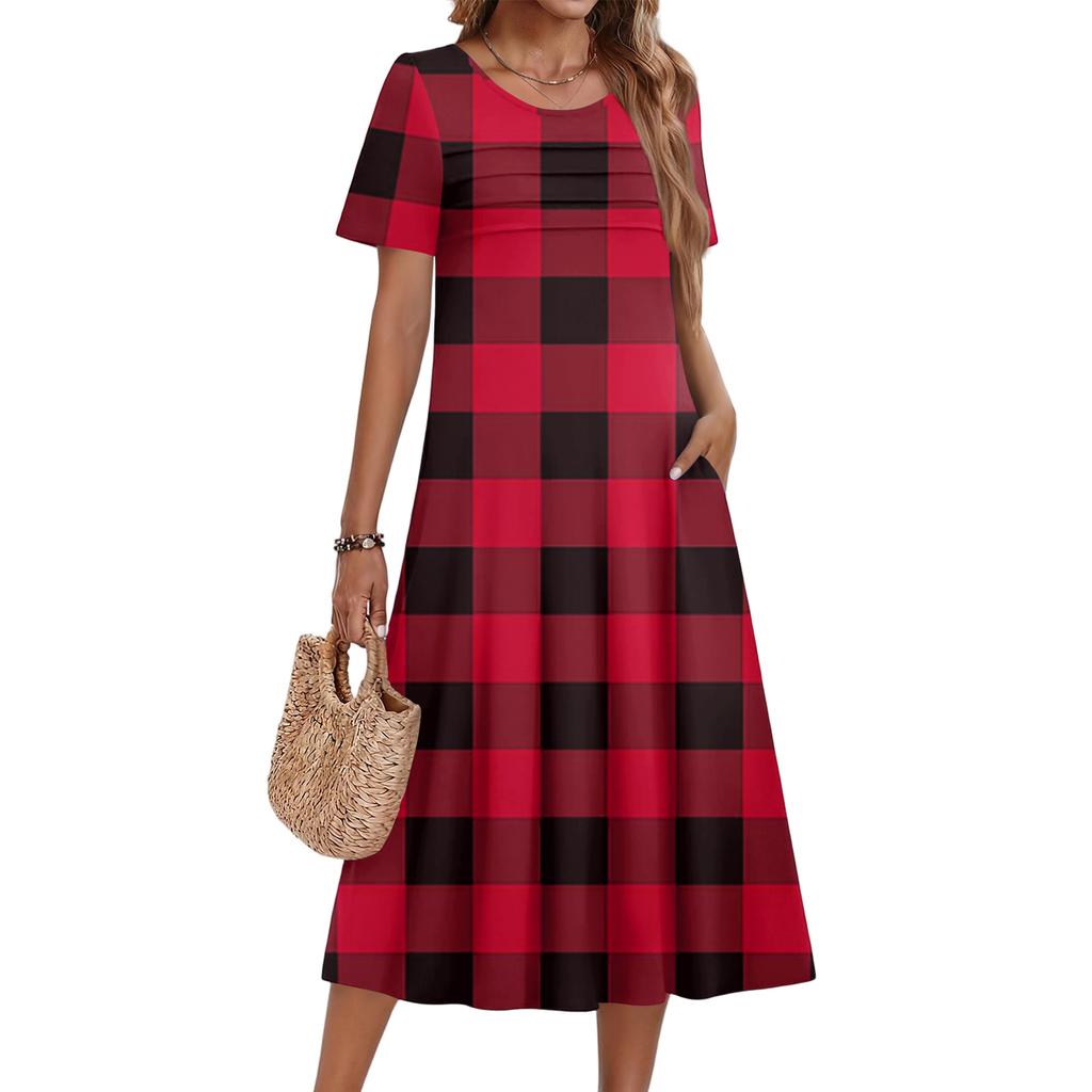 Ladies' Plaid Printed Casual And Fashionable Short Sleeved Round Neck Dress