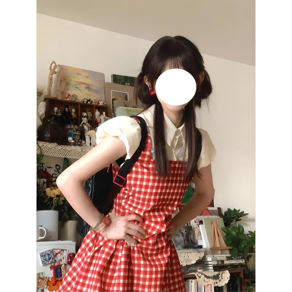 College style fashion new small short skirt red plaid fake two-piece strap dress children summer