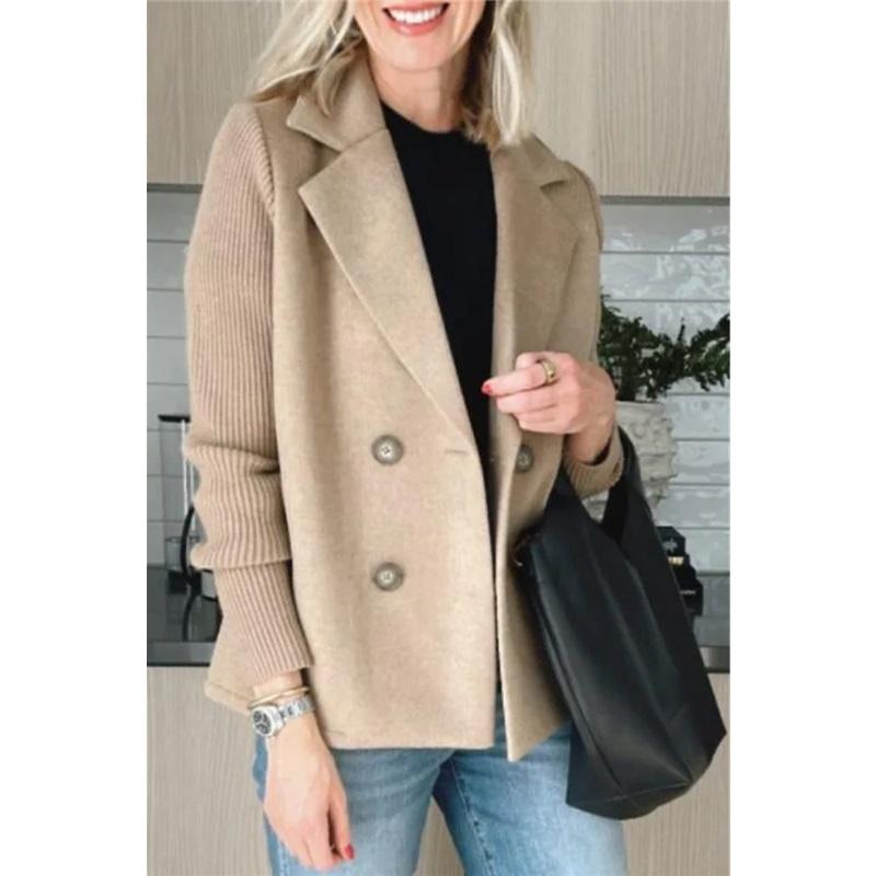 Women's Double Breasted Knit Sleeve Blazer Patchwork Wool Blend Notched Lapel Office Jacket