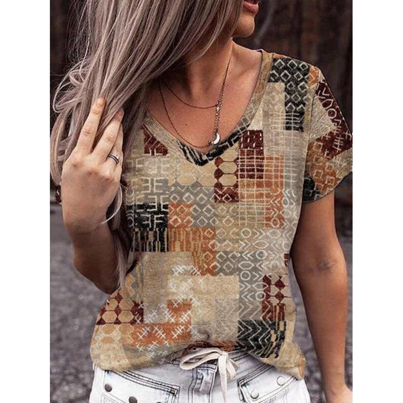 Women's Summer New V-neck Geometric 3d Printed Large Short Sleeved T-shirt