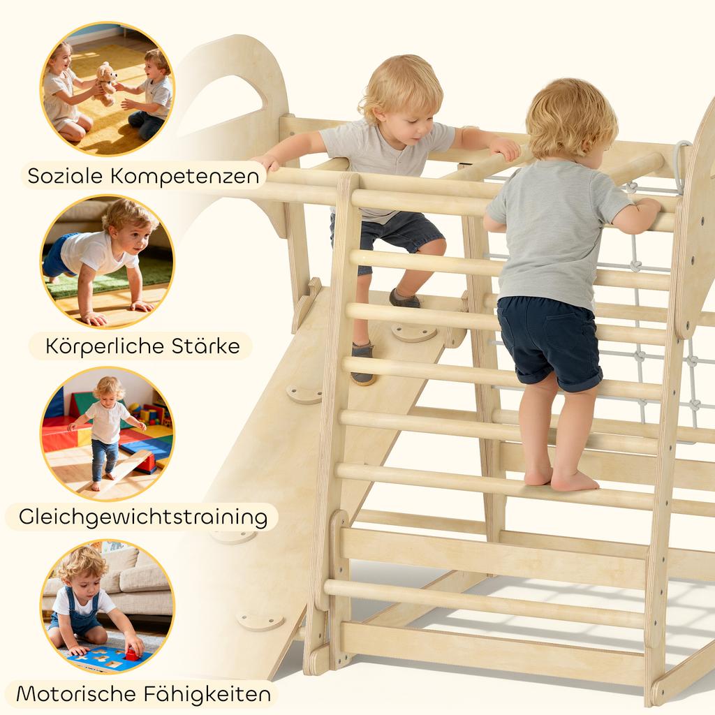 6 in 1 Kids Climbing Frame with Slide, Monkey Bars, Gymnastics Rings, Ladder, Climbing Net, for 3-6 Years, Natural Tone