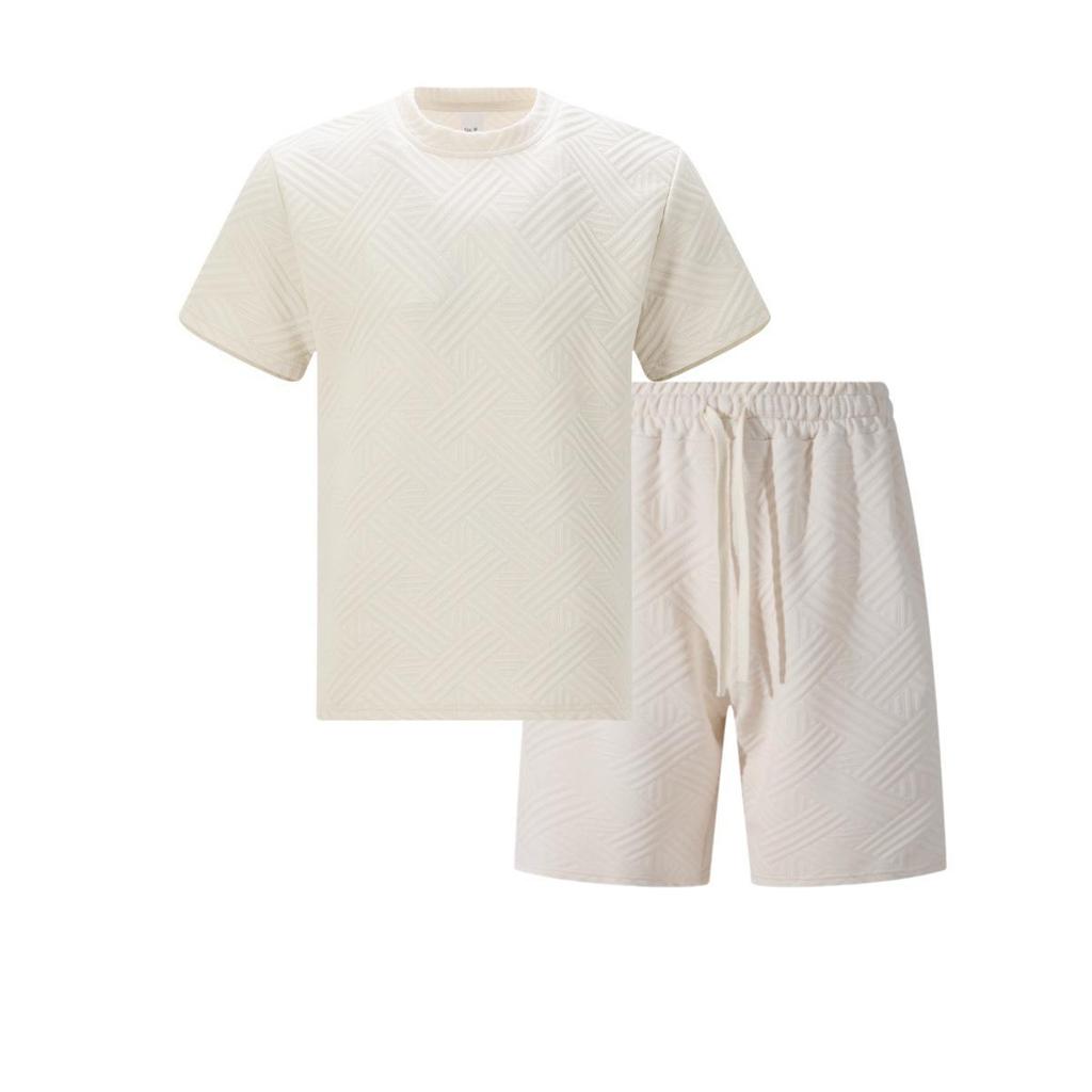 Men's Solid Color Jacquard Round Neck T-shirt and Shorts Sports Set - Spring