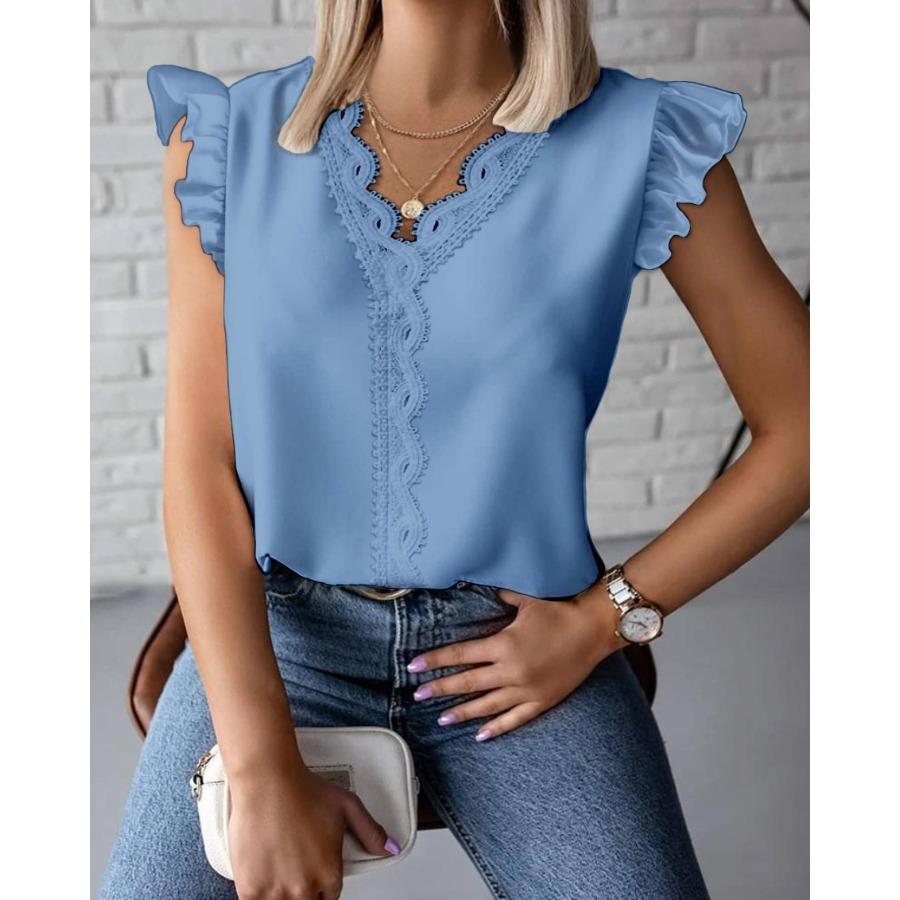 Summer Ruffled Simple V-neck Lace Patchwork Loose Shirt for Women Shirt