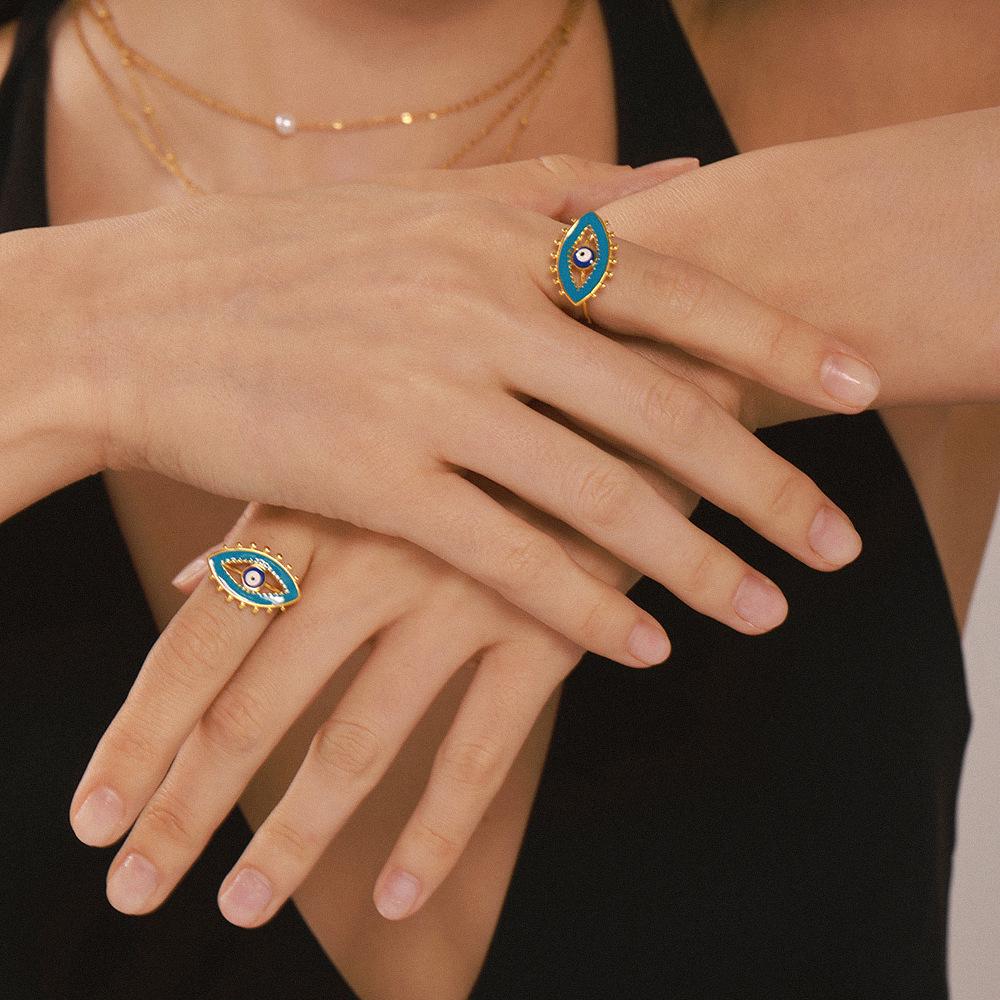 Qiong Yao Demon Eye Enamel Open Ring: 18k Gold-Plated Titanium Steel Adjustable Fashion Accessory