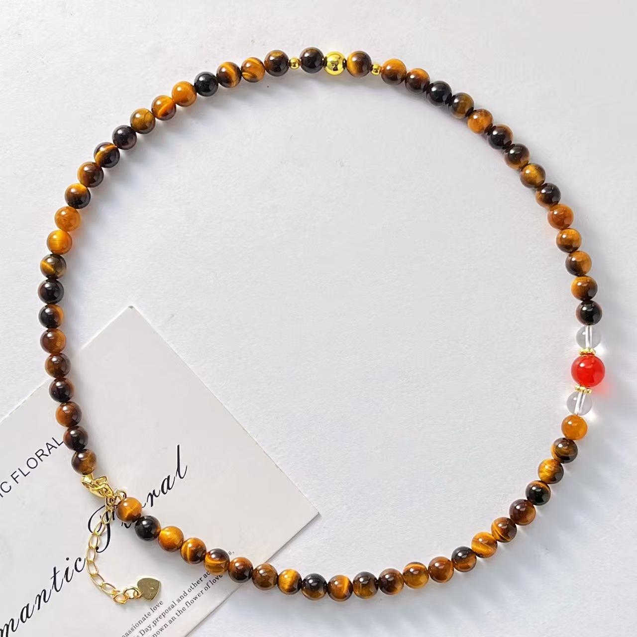 

Vintage Design Sense High Quality Natural Tiger S Eye Stone White Crystal Collarbone Chain Necklace