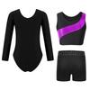 Dívčí gymnastický taneční set Dlouhý rukáv Metalický patchworkový trikot Crop top a Šortky s kamínkovým pasem