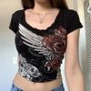 2023 Women's Short Sleeve Short T-Shirt Flower Wing Printed Round Neck Street Style Tee Shirt Casual Simple Tops