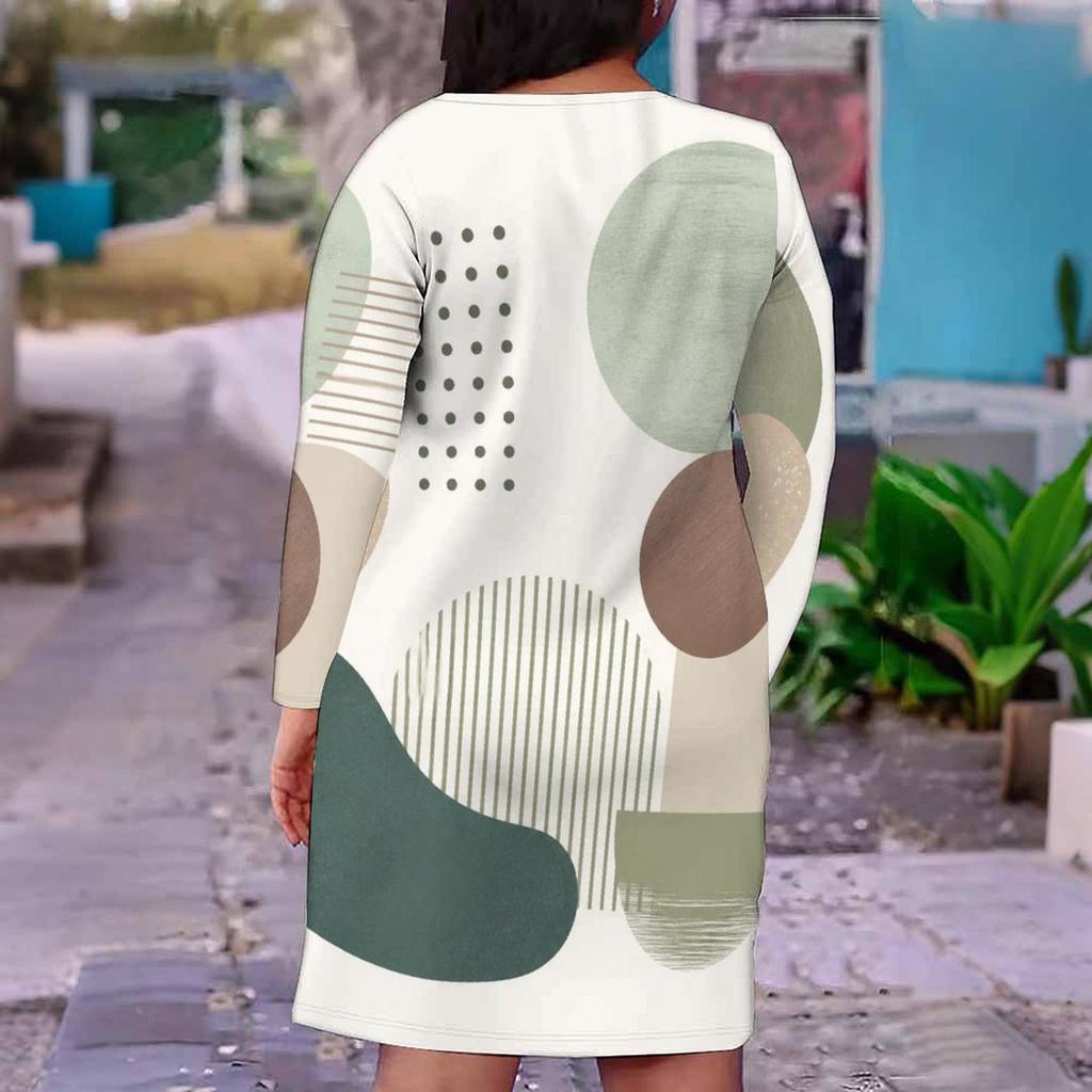 Women Plus Size V Neck Long Sleeve Abstract Printed Fitted Straight Dress