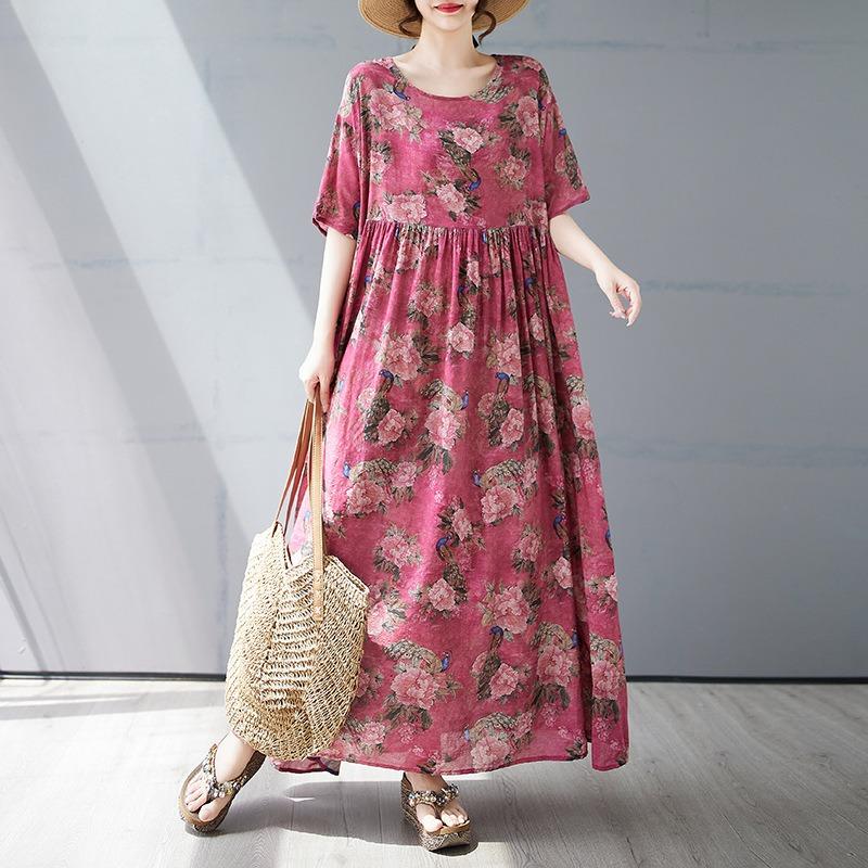 Summer new simple bohemian long dress fattened and enlarged short-sleeved crew neck printed dress women's clothing