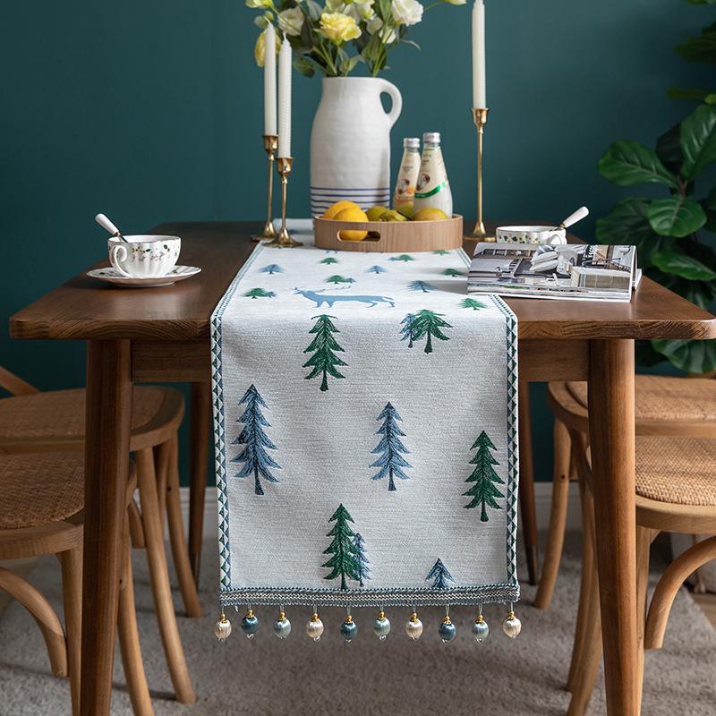 

Рождественская елка, дорожка для стола, ручная работа, вышитый рождественский лось, зимняя праздничная скатерть, подставка для приборов, новогодние украшения для дома, кухни, деревенские украшения 33X180cm синий