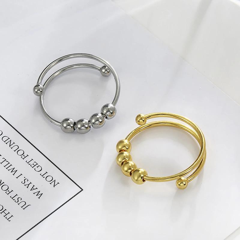 Women Silvery New Stainless Steel Double Layer Rotatable Bead Ring Fashion Adjustable Anxiety Relieving Ring