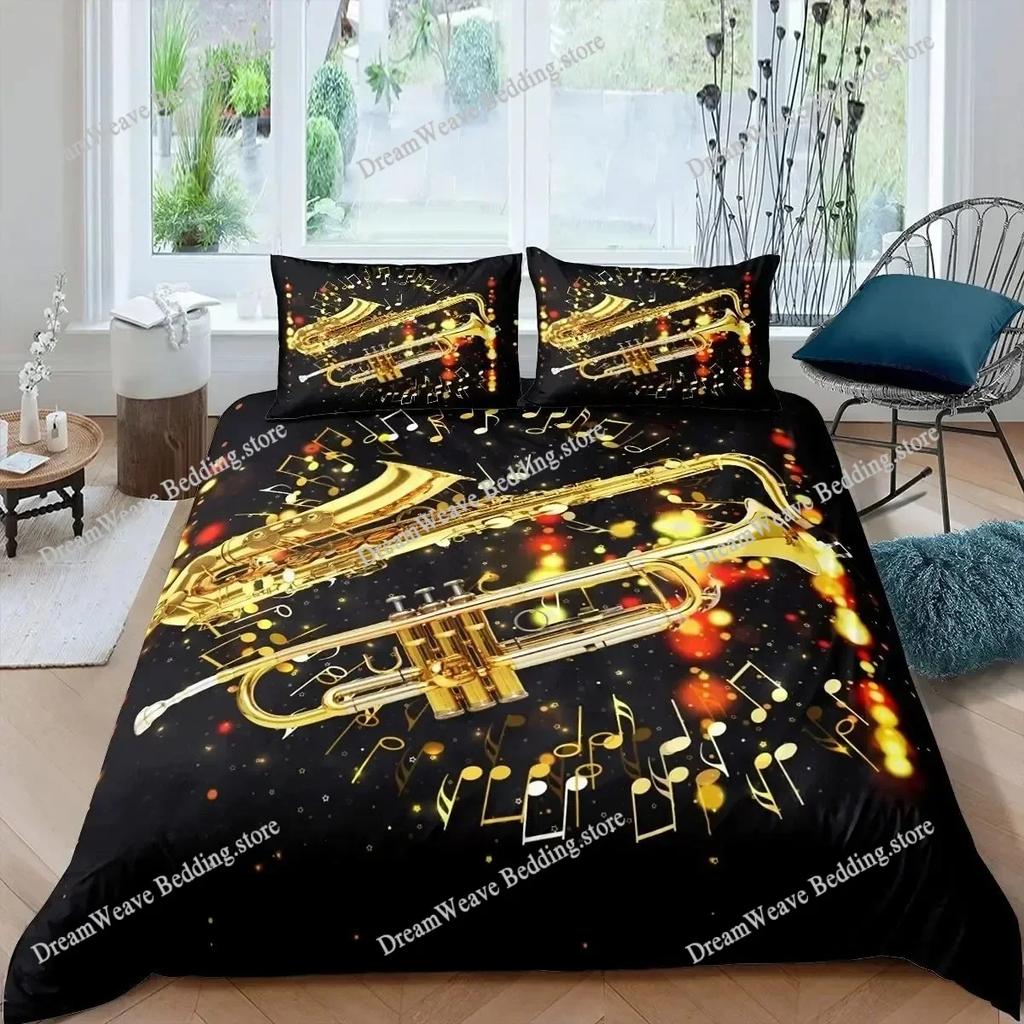 Saxophone Duvet Cover Set Rotating Musical Notes Bedding Set Musical Instrument Retro Jazz Music Twin 3D Quilt Cover for Kids963