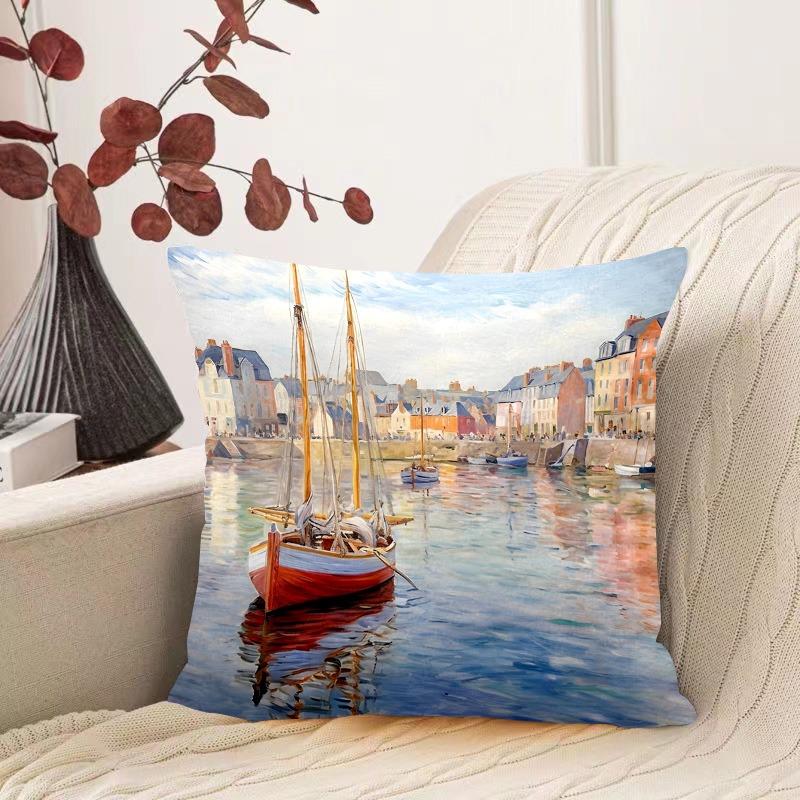 Oil Painting Water Lily Pattern Decorative Pillowcase Living Room Bedroom Square Cushion Pillowcase