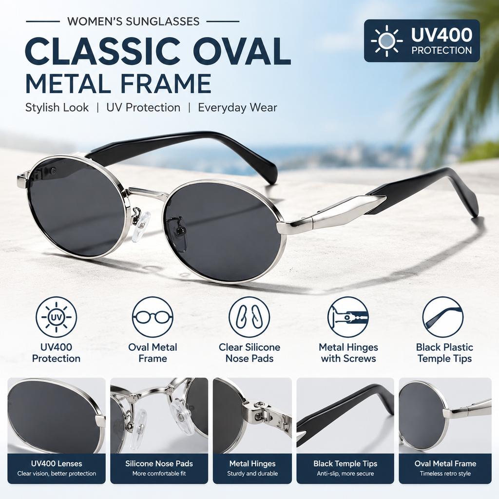 Women's Oval Metal Frame Sunglasses UV400 Full-Rim Street Style