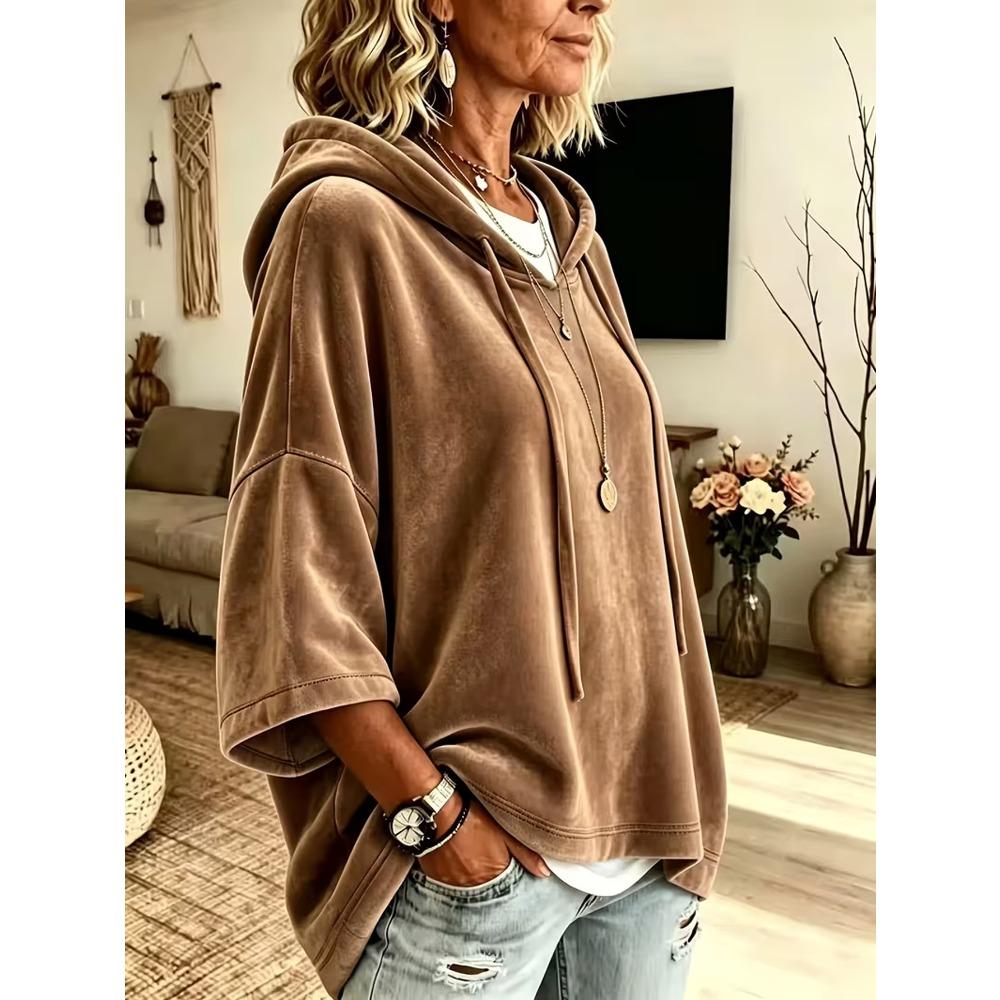 Damska gładka welurowa bluza z kapturem i rękawem 3/4, casualowy top hoodie na jesień zimę