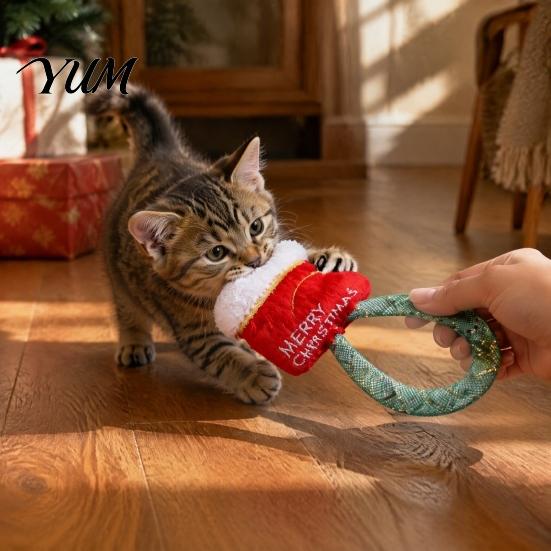 Holiday Themed Cat Accessories Christmas Catnip Toy for Indoor Cats, Stuffed Chew with Mesh Plush Toys Tube, Interactive Flexible Tube Bell