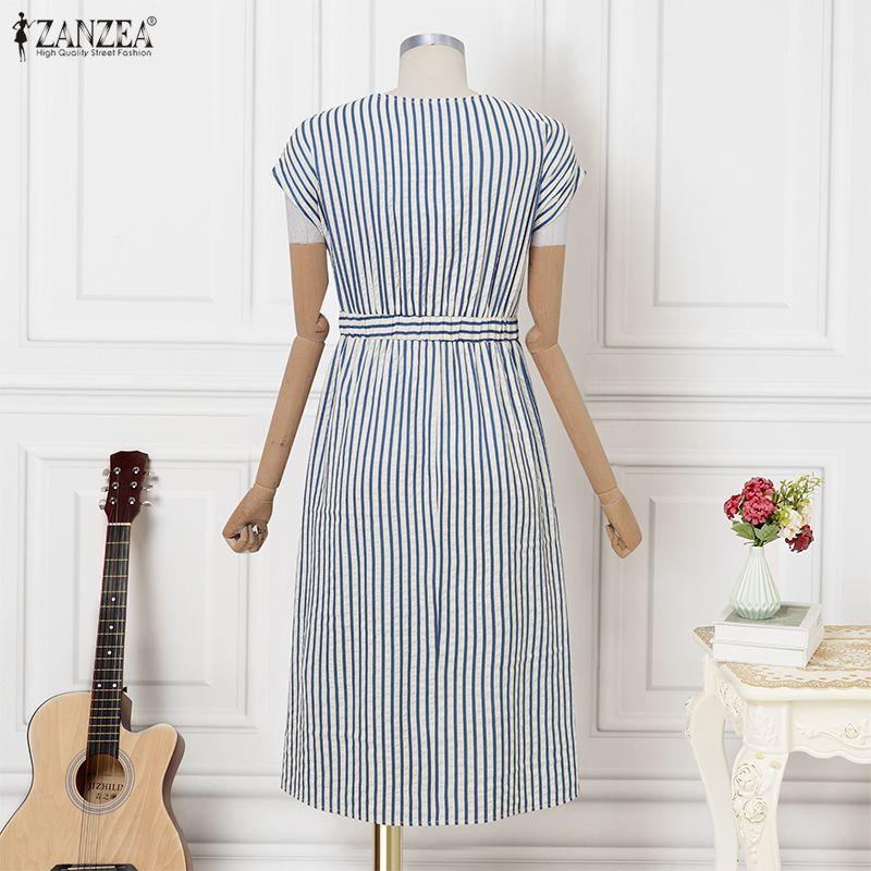 ZANZEA Rochie de vară casual pentru femei, cu gât rotund, mânecă scurtă și dungi