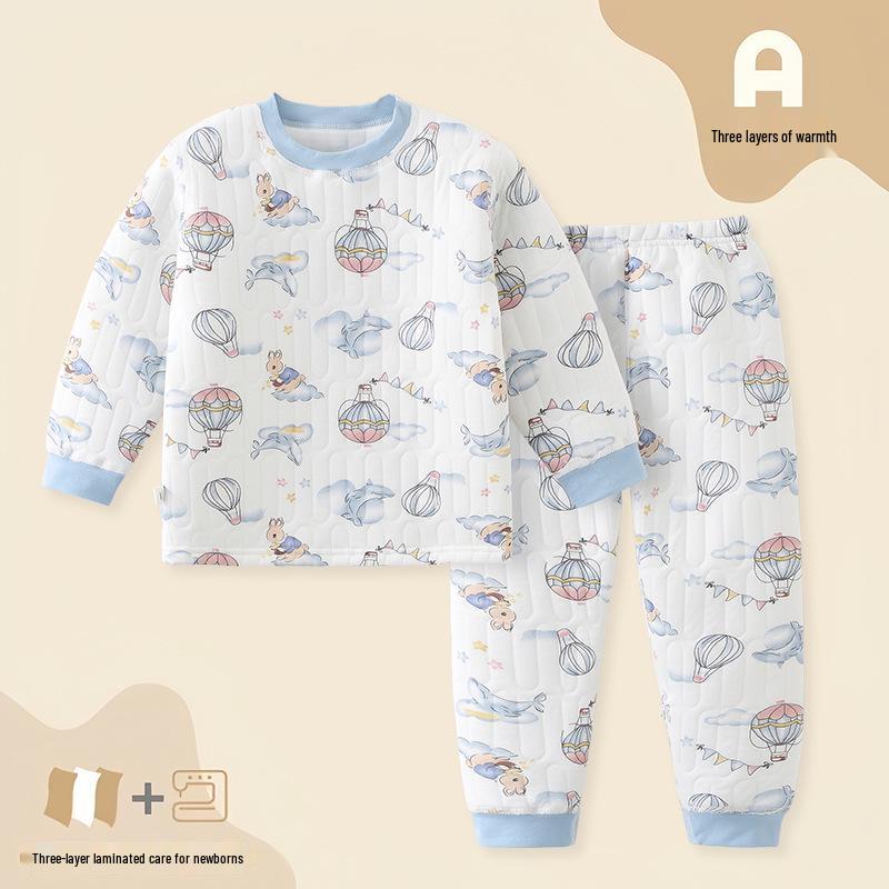 Детский трехслойный стеганый теплый домашний комплект - Осенняя пижама для мальчиков и девочек 90 cm