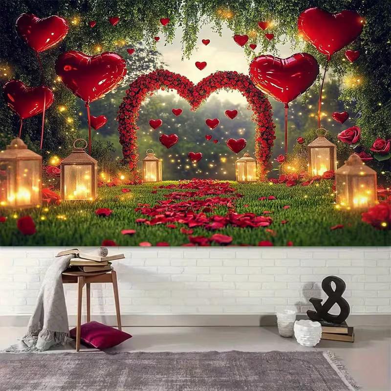 2D Romantic Valentine's Day Backdrop Red Heart Balloon Rose Arch Party Background