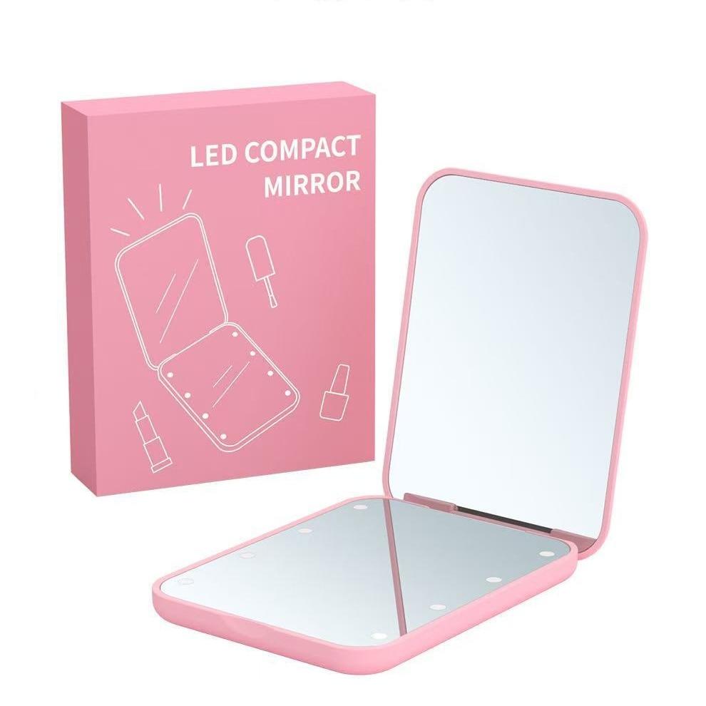 Mini LED Lighted Cosmetic Mirror Portable Pink 8.5x6.4cm Travel Makeup Mirror