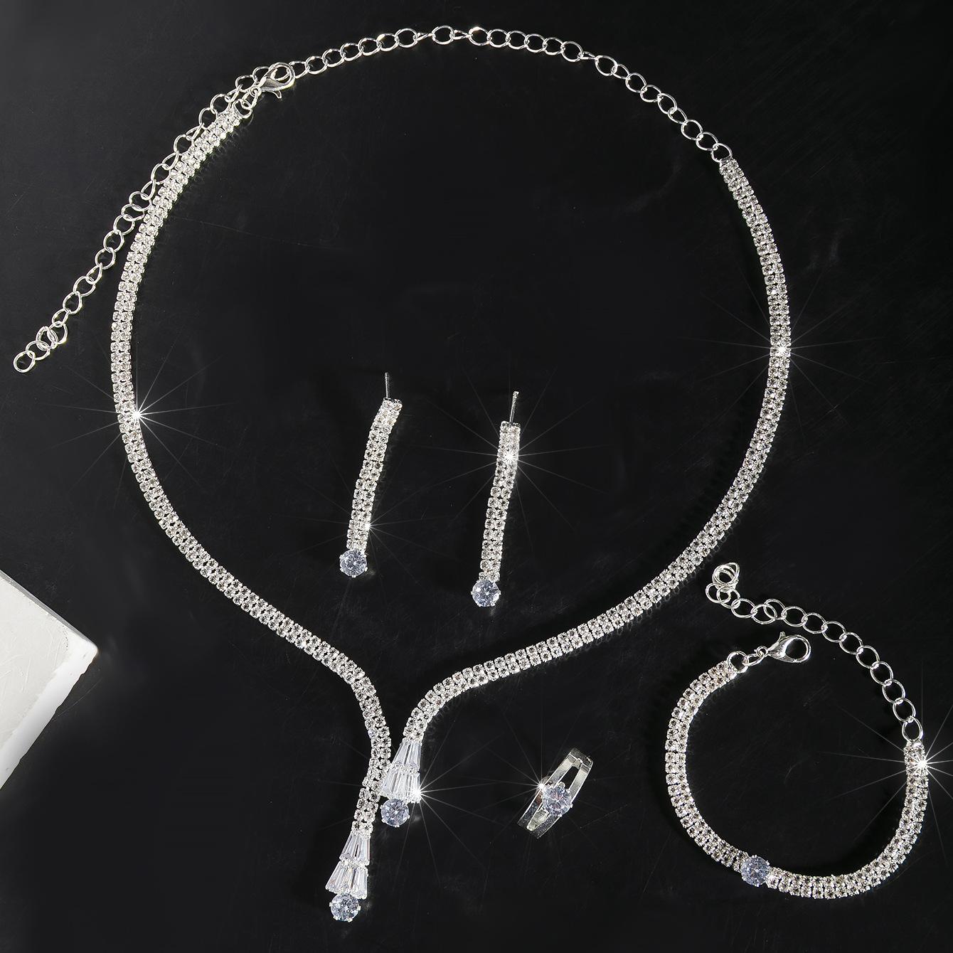 

Europe, America, Zircon Water Drop Choker Light Luxury Necklace Earrings Bracelet Ring Bridal Wedding Dress Jewelry серебряный