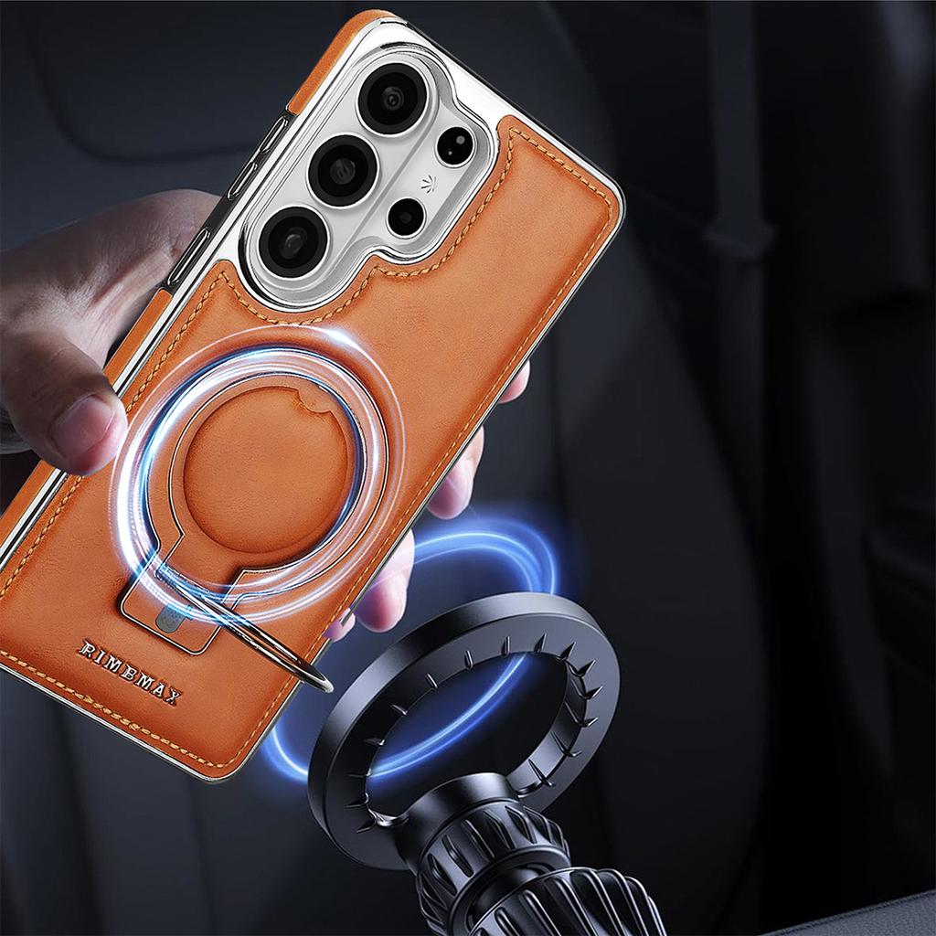 Leather Phone Case for Samsung Galaxy S26 Ultra S25 Edge S24 Plus S23 Bracket Magnetic Wireless Charging Electroplated Cover