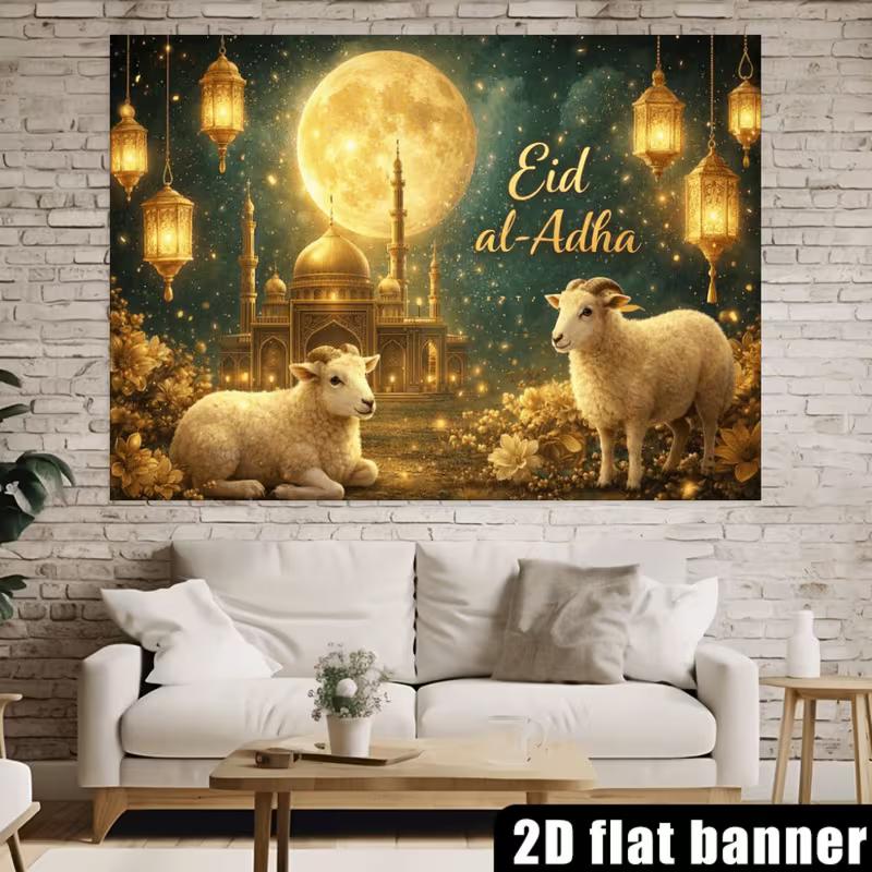 Elegant Eid al-Adha Backdrop, Warm Golden Scene with Mosque, Lanterns and Sheep, Festive and Spiritual Party Wall Art