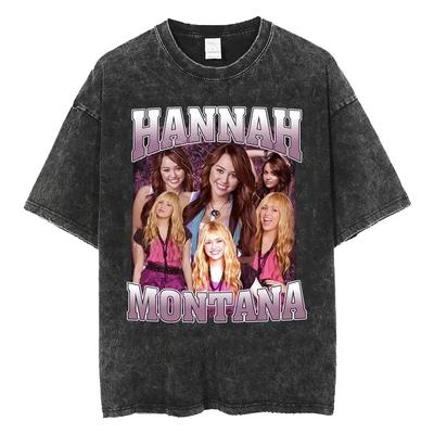 Retro Hannah Montana Washed T-shirt Men and Women Pure Cotton Summer Clothing Fashion Casual Short Sleeved T-shirt Streetwear