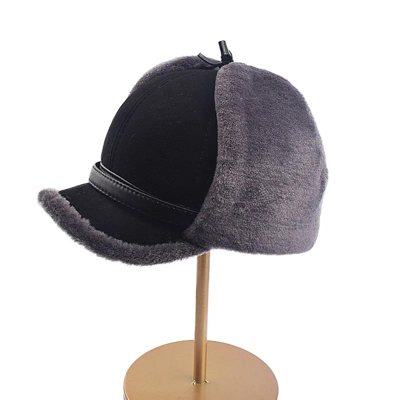 

2025 High Quality Winter Leather Bomber Men Old Age Fur Lamb Wool Russian Pilot Hat Earflaps Ear Protection Baseball Caps 57cm серый