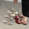 French Exquisite Sweet Bow Square Head Thick Heel High Heels Women's 2025 Summer Bag Head Roman Sandals Empty Shoes