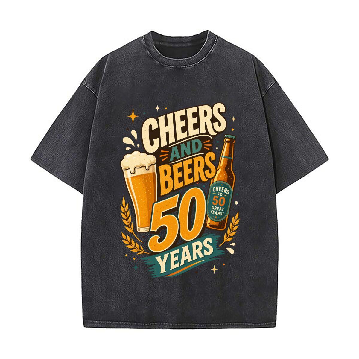 Cheers And Beers Fifty Years Daily Commute Vintage Distressed T Shirt Loose Washed Sleeve 2XL