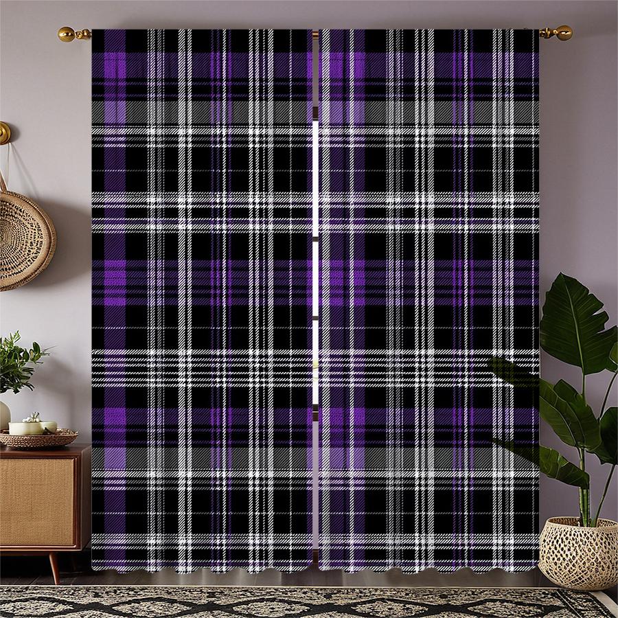 2pcs- Purple geometric checkered printed curtains, pole bag curtains, Christmas decorations, home decorations, room decorations