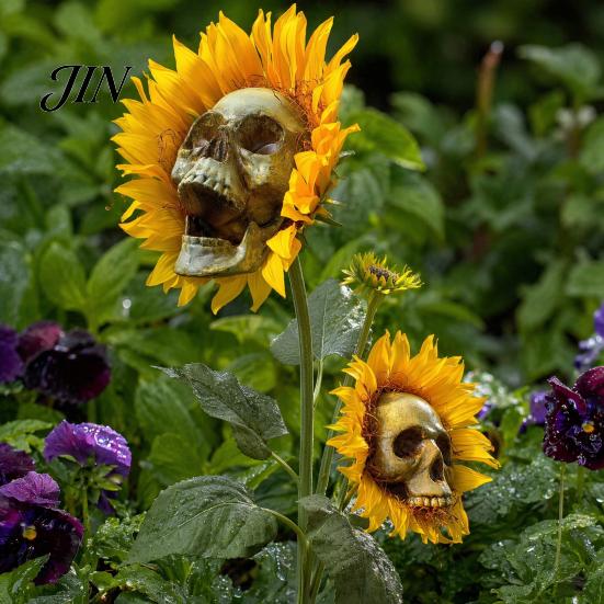 Halloween Lawn Decoration Sunflower Skull Ornament, Theme Garden Decor, Potted Skeleton Flower Pot Plant Waterproof Outdoor Decoration, for Patio Yard