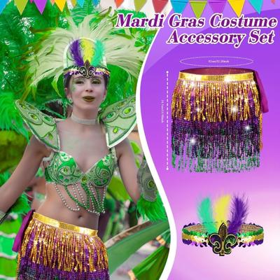 Mardi Gras Costume Tricolor Eyemask Beaded Necklace Feather Headband for Event Parties Favors Carnivals Party Supplies