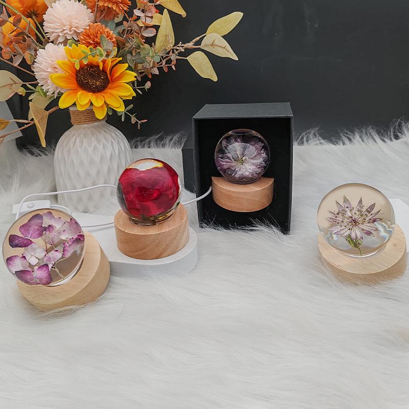 Touch Dimmable Crystal Ball Lamp with Creative Resin Flowers for Mid-Autumn Festival