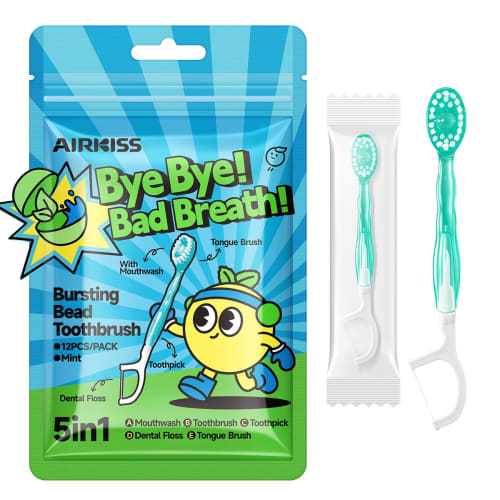 

Airkiss Disposable Mini Toothbrushes (12-Pack), 5-in-1 All-in-One Oral Care, No Rinse Required, Portable Toothbrush and Dental Floss (Mint Flavor)