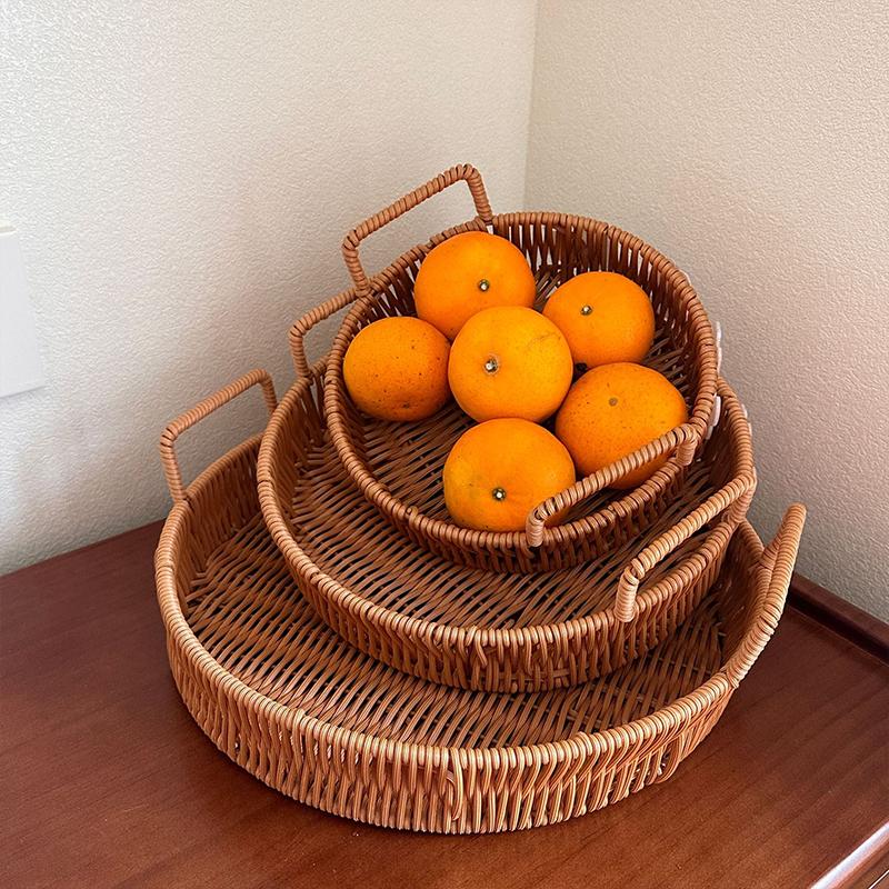 1PC Imitation Rattan Storage Supplies Round Shape Home Storage Tray Party Food Plate Kitchen Handwoven Picnic Food Tray 3 Sizes